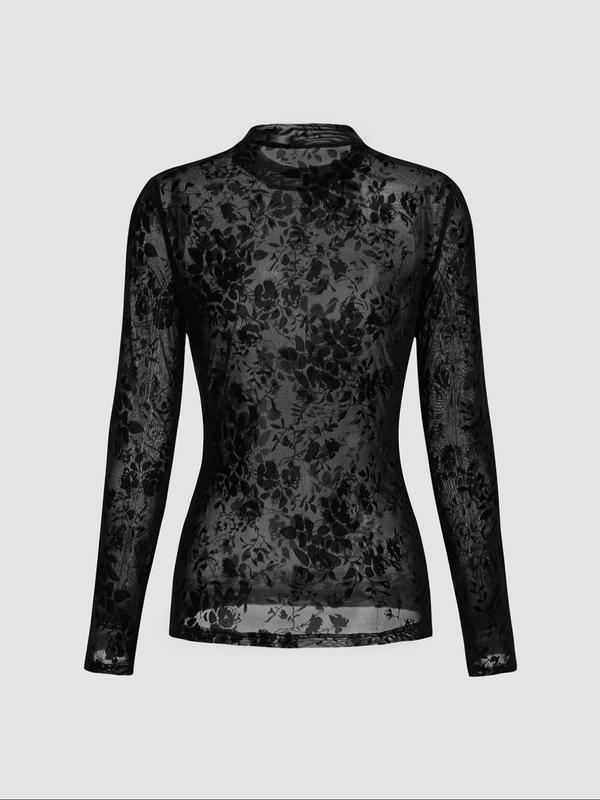 Women's Floral Print Sheer Mock Neck Cover Up Top, Long Sleeve Tulle Top for Daily Wear, Ladies Clothes for All Seasons, Clothes for Women