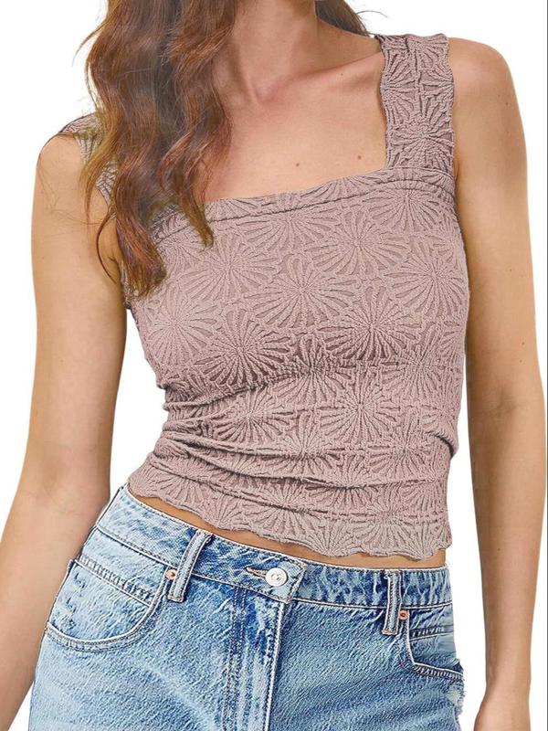 Women's Plain Textured Scallop Trim Crop Tank Top, Casual Sleeveless Cropped Top for Summer, Back To School Outfits, Tank Tops for Women, Fashion Women's Top for Daily Wear