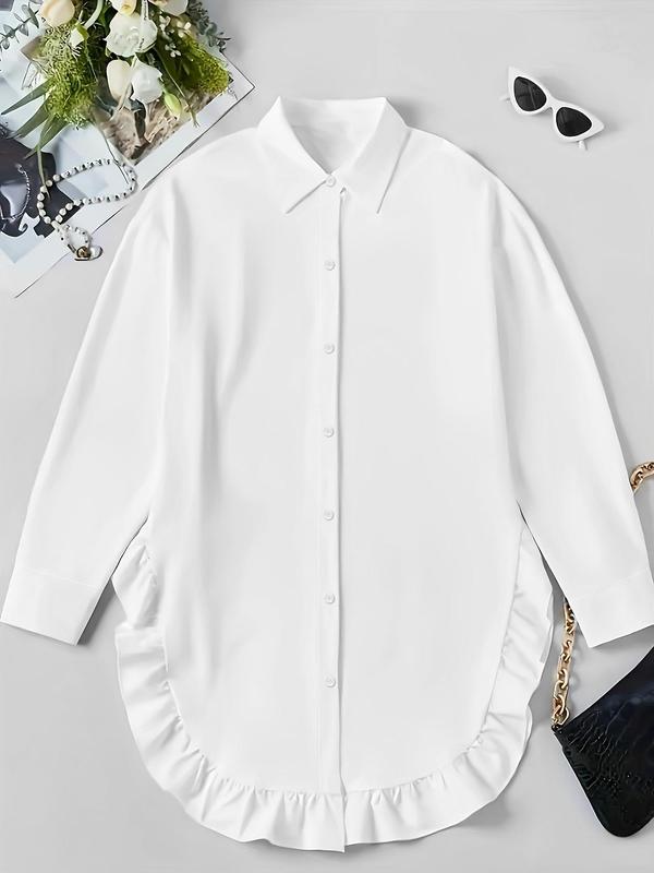 Women's Plain Ruffle Trim Button Front Blouse, Casual Long Sleeve Collared Top for Daily Wear, Ladies Clothes for All Seasons