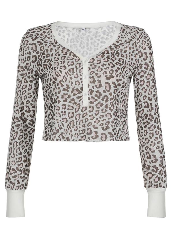 Women's Leopard Print Button Front Tee, Casual Long Sleeve Sweetheart Neck T-Shirt for Spring & Fall, Women's Clothes for Daily Wear