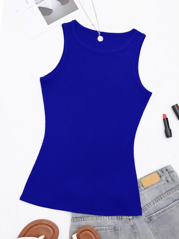 Women's Solid Round Neck Ribbed Tank Top, Casual Sleeveless Top for Summer, Ladies Clothes for Daily Wear