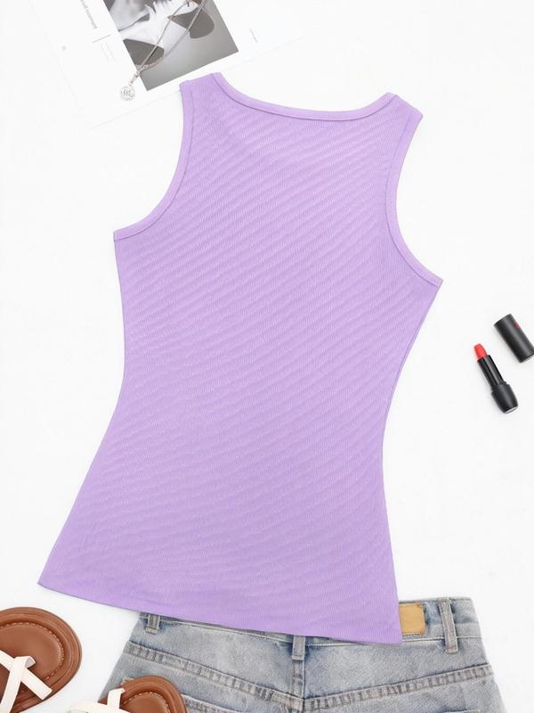 Women's Solid Round Neck Ribbed Tank Top, Casual Sleeveless Top for Summer, Ladies Clothes for Daily Wear