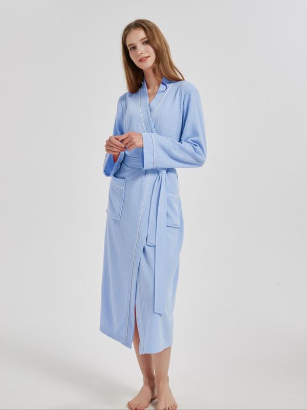 Women's Contrast Binding Belted Wrap Robe, Casual Long Sleeve Pocket Bathrobe, Ladies Sleepwear for All Seasons