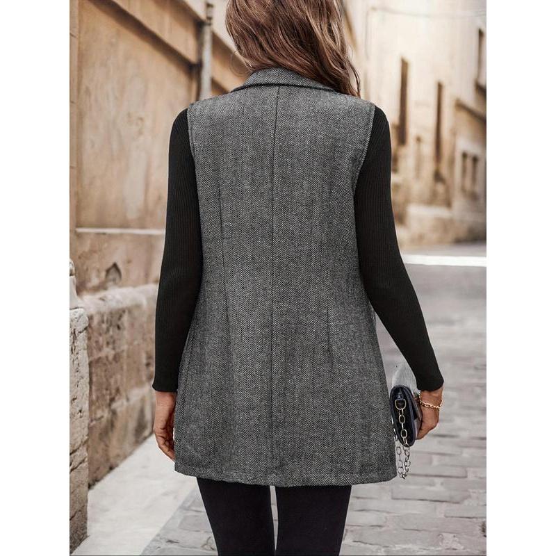 Women's All Over Herringbone Pattern Button Front Vest Blazer, Casual Lapel Neck Sleeveless Outerwear for Daily Wear, Ladies Clothes for All Seasons