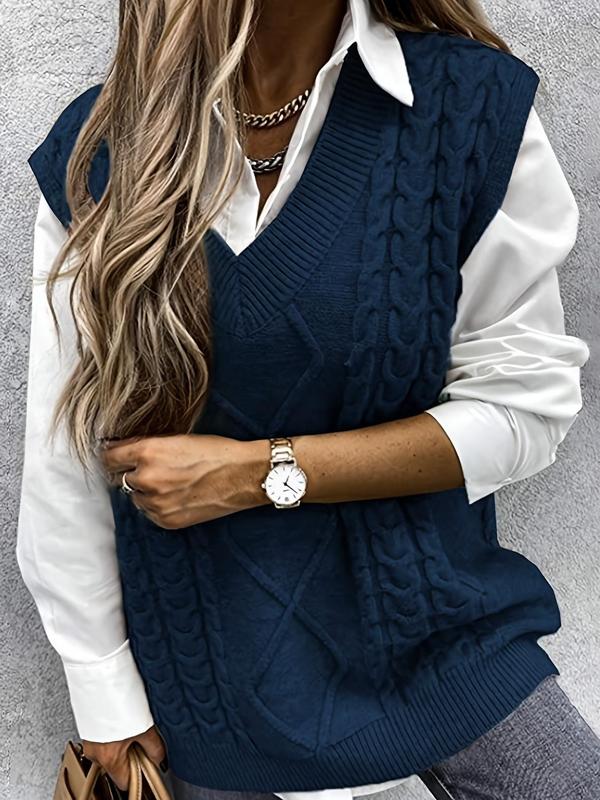 Women's Solid Textured V Neck Sweater Vest, Casual Preppy Cable Knit Pullover for Fall & Winter, Women's Knitwear for Daily Wear, Fall Outfits 2024 Womenswear Tops Comfort Basic Minimalist