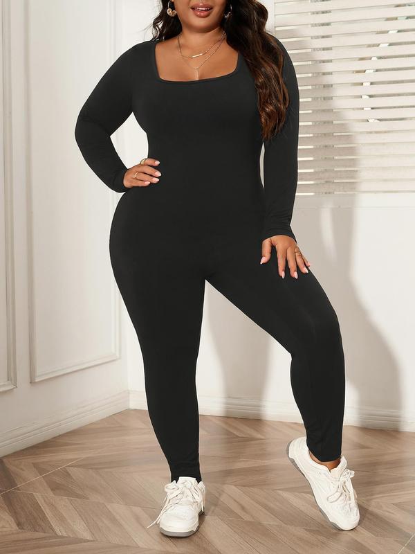 CURVZY Black Friday Deals Plus Size Solid Long Sleeve Square Neck Fall Aesthetic Skinny Jumpsuit, Casual Comfy One Piece Jumpsuit, Women's Plus Clothing for Daily Wear, Christmas 2024 Trend, Thanksgiving Clothes, Fall Clothes, Winter Clothes