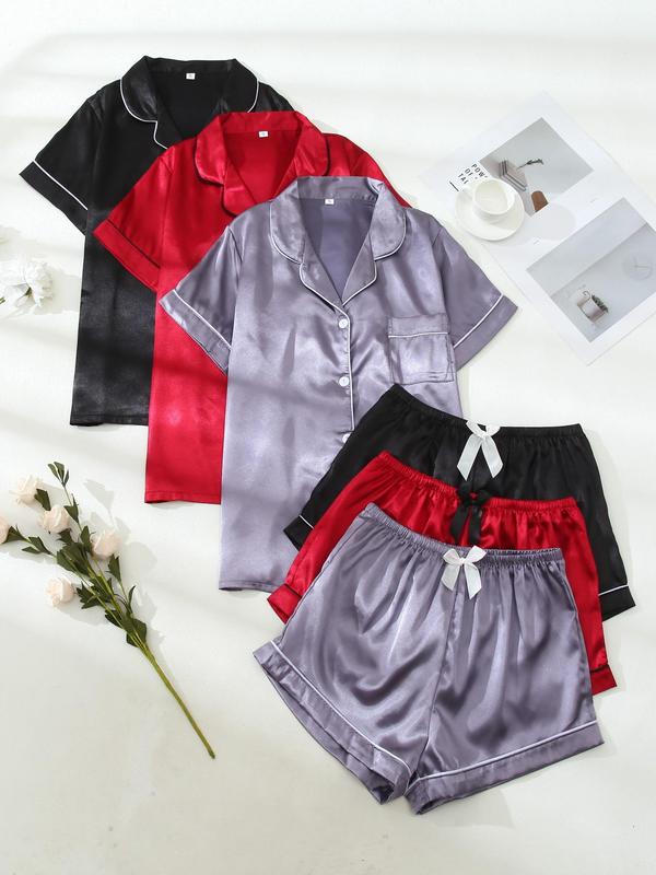 Six Counts Women's Heart Embroidered Contrast Binding Satin Pyjama Set, Casual Short Sleeve Shirt & Elastic Waist Shorts, Women Sleepwear Set, Back to School Wear, Summer Wear 2024 2 Piece Set