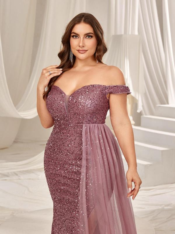  Glitter Sequin Off The Shoulder Evening Dress, Elegant Contrast Mesh Split Thigh Backless Dress, Women's Clothes for Banquet Wedding Guest, Plus Size Women's Clothing