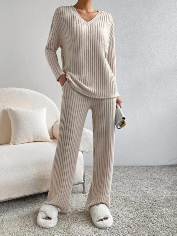 Women's Solid Ribbed Knit Loungewear Two-Piece Set, Casual Comfy Drop Shoulder Long Sleeve Top & Pants PJ Set, Ladies Sleepwear for Spring & Fall