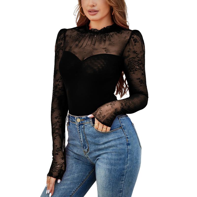 Women's Christmas Vintage Lace Crochet Splicing Sheer Long Sleeve Bodysuit Shirt Mesh Turtleneck Solid Midnights Going Out Thanksgiving Gift Winter Body Suit Tops