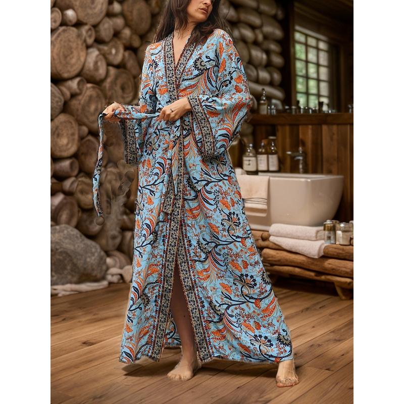 Boho Chic Plus Size Women's Long Robe with Full Print V-Neck Tie Waist - Perfect for Spring Summer Fall