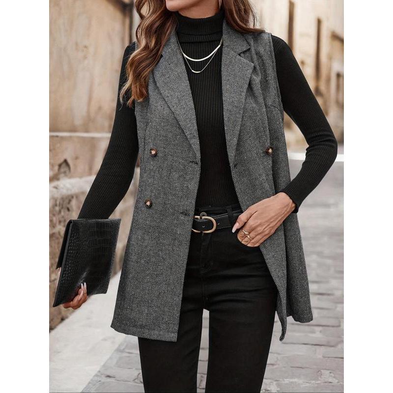 Women's All Over Herringbone Pattern Button Front Vest Blazer, Casual Lapel Neck Sleeveless Outerwear for Daily Wear, Ladies Clothes for All Seasons