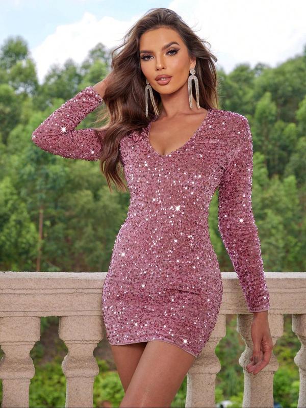 Women's Glitter Sequin V Neck Bodycon Dress, Elegant Long Sleeve Short Dress for Party Club Dating Wear, Ladies Spring Clothes Casual Wear