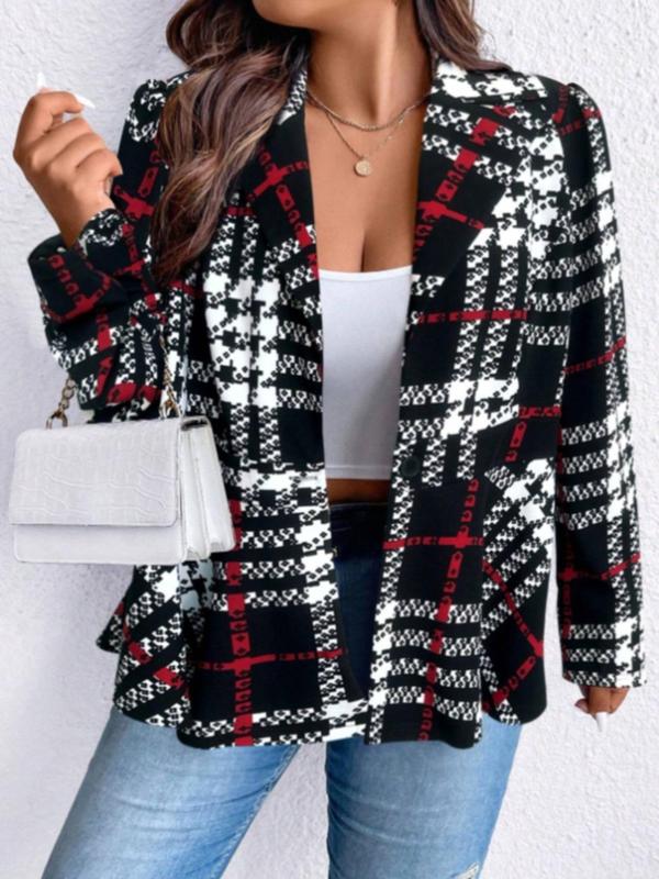  Plaid Print Lapel Collar Blazer, Casual Long Sleeve Outerwear for Fall & Winter, Work Clothes for Office, Women's Clothes for Daily Wear