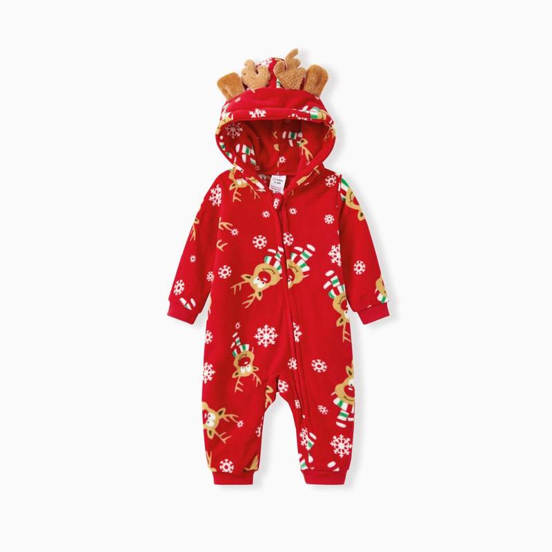 PatPat Christmas Family Matching Allover Deer Print 3D Antler Hooded Long-sleeve Red Thickened Polar Fleece Onesies Pajamas