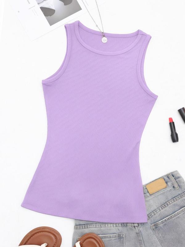 Women's Solid Round Neck Ribbed Tank Top, Casual Sleeveless Top for Summer, Ladies Clothes for Daily Wear