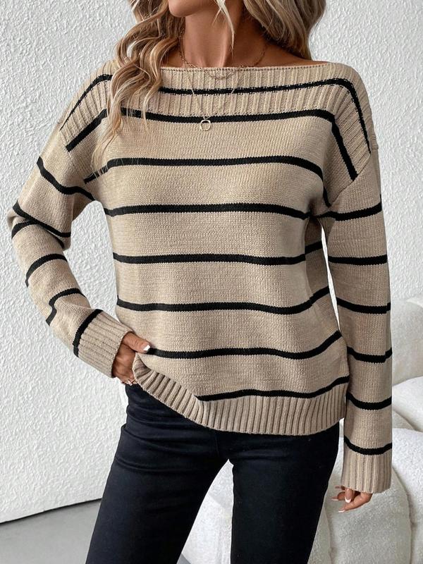 Women's Striped Print Drop Shoulder Sweater, Casual Long Sleeve Boat Neck Jumper for Fall & Winter, Fashion Ladies' Knitwear for Daily Wear