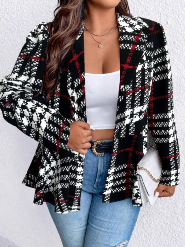  Plaid Print Lapel Collar Blazer, Casual Long Sleeve Outerwear for Fall & Winter, Work Clothes for Office, Women's Clothes for Daily Wear