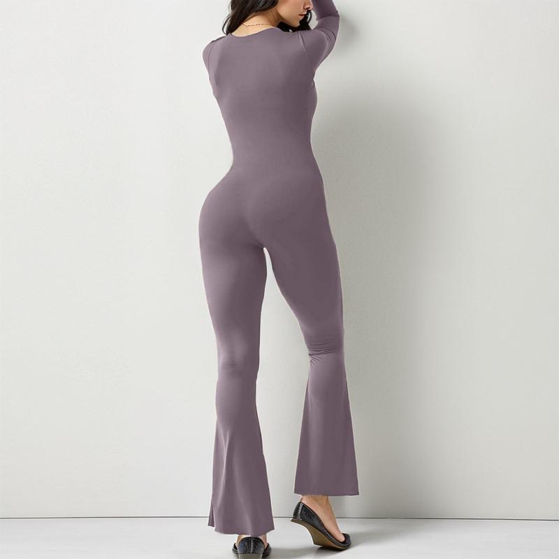 Women Long Sleeve Belly Waist Shaping And Hip Lift Square Collar Wide Leg High Elastic Jumpsuit Fabric Trouser