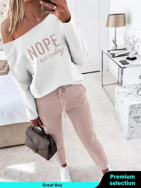 Women's Letter Print One Shoulder Sweatshirt & Drawstring Waist Sweatpants Two-piece Set, Casual Fashion Cozy Drop Shoulder Long Sleeve Pullover & Pocket Pants for Daily Wear, Ladies Fall & Winter Clothes