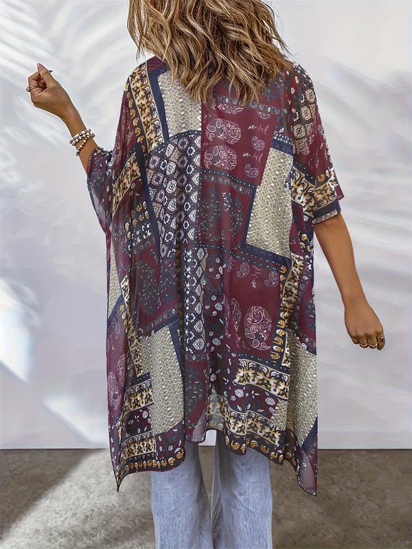 Plus Size Ethnic Pattern Asymmetrical Hem Kimono Cardigan, Boho Fashion Half Sleeve Open Front Outerwear for Summer, Women's Clothes for Daily Wear