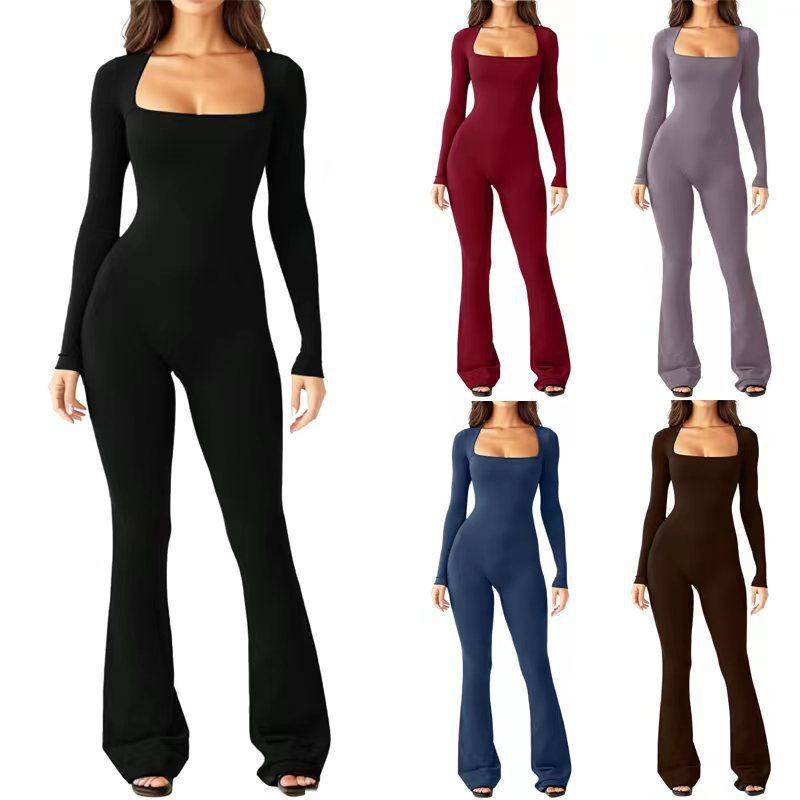 Women Long Sleeve Belly Waist Shaping And Hip Lift Square Collar Wide Leg High Elastic Jumpsuit Fabric Trouser