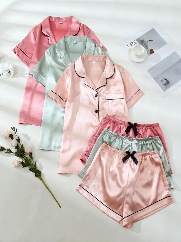 Six Counts Women's Heart Embroidered Contrast Binding Satin Pyjama Set, Casual Short Sleeve Shirt & Elastic Waist Shorts, Women Sleepwear Set, Back to School Wear, Summer Wear 2024 2 Piece Set