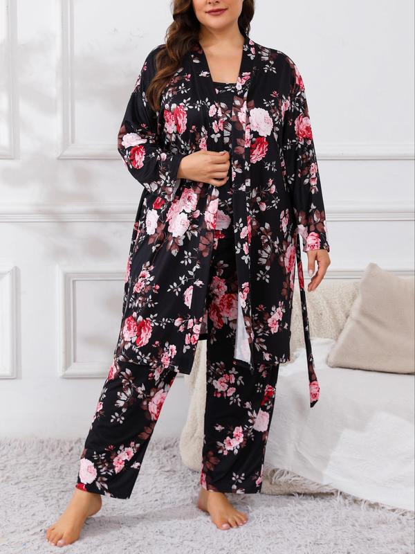  Three-Piece Set Floral Print Belted Lounge Robe & Cami Top & Elastic Waist Pants Pyjama Set, Elegant Comfy Drop Shoulder Long Sleeve Robe & Sleeveless Top & Bow Decor Trousers PJ Set, Women's Sleepwear for Spring & Fall