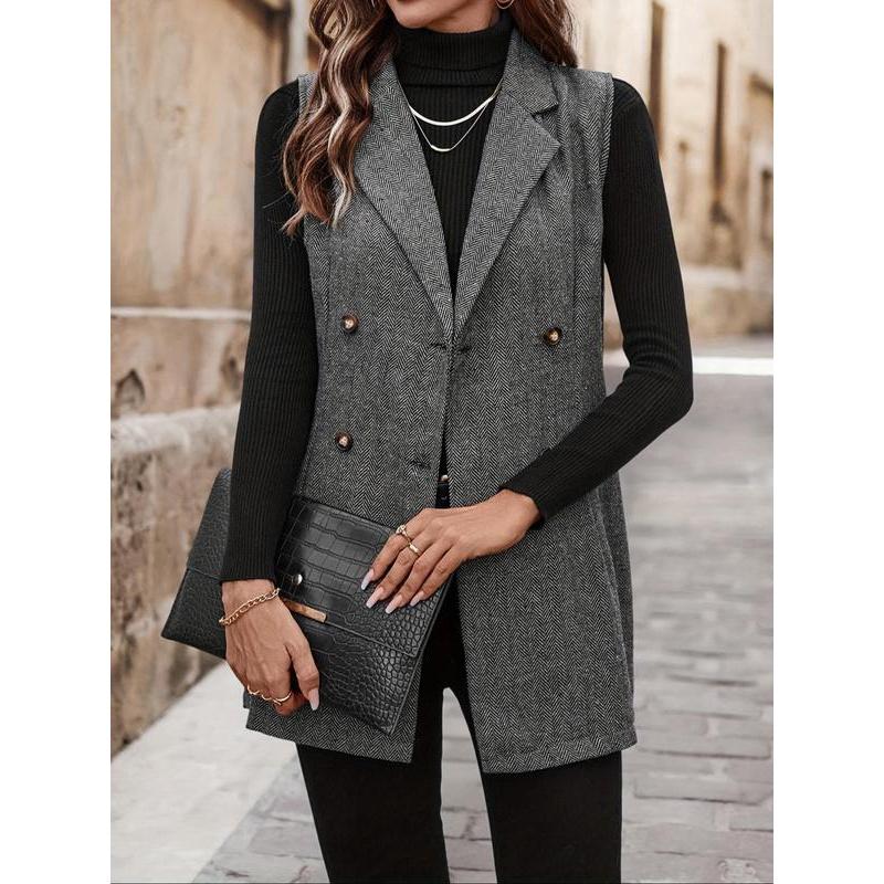 Women's All Over Herringbone Pattern Button Front Vest Blazer, Casual Lapel Neck Sleeveless Outerwear for Daily Wear, Ladies Clothes for All Seasons