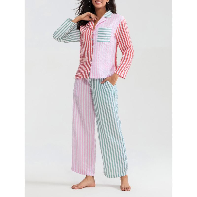 Women 2 Piece Christmas Striped Pajamas Lounge Set Y2k Long Sleeve Button Down Shirts Wide Leg Pants Sets Sleepwear Loungewear Pajama Set