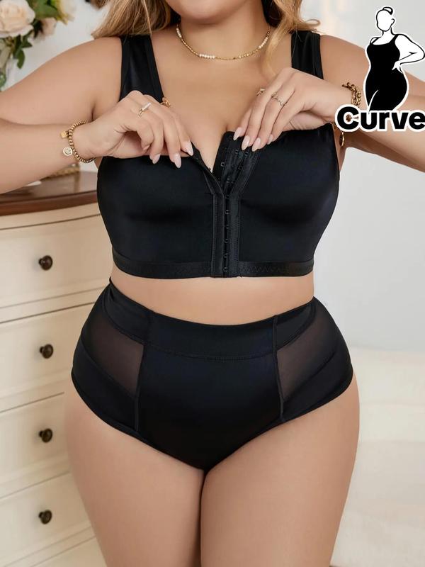 Women's Plus Size Contrast Mesh Hook Closure Underwear Set, Push Up Bra & High Waist Panty Set, Women's Plus Size Underwear Set, Summer Wear