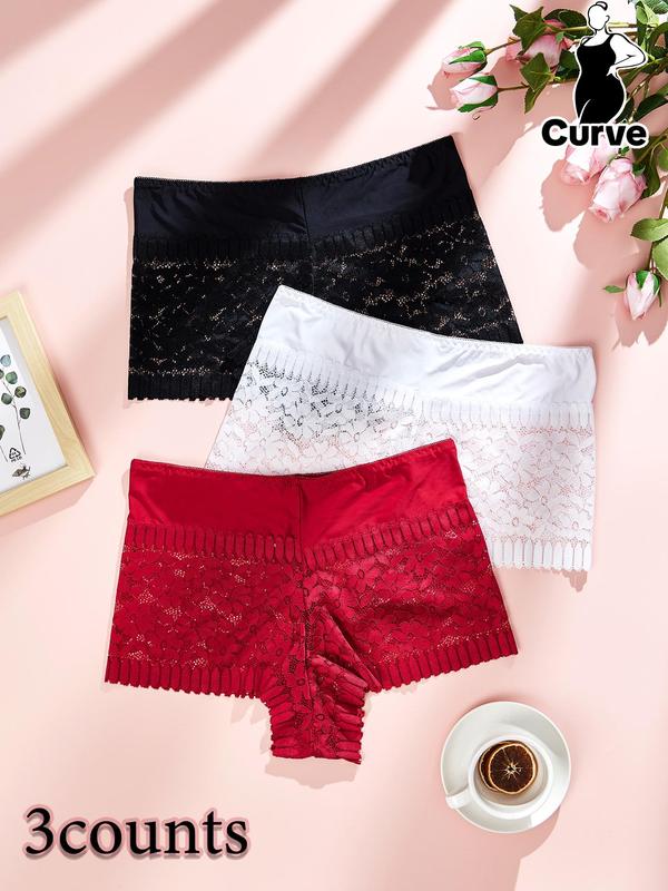  Contrast Floral Lace Boxer Brief, Soft Comfy Breathable Knicker for Daily Wear, Women's Underwear for All Seasons, Plus Size Knickers