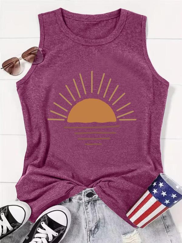 Women's Sun Print Round Neck Tank Top, Casual Graphic Sleeveless Crew Neck Top for Summer, Ladies Clothes for Daily Wear, Summer Outfits 2024, Summer Tops for Women