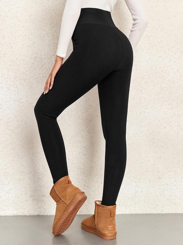 Women's Solid High Waist Thermal Lined Leggings, Casual Comfy Pocket Design Skinny Pants for Fall & Winter, Women's Bottoms for Daily Wear