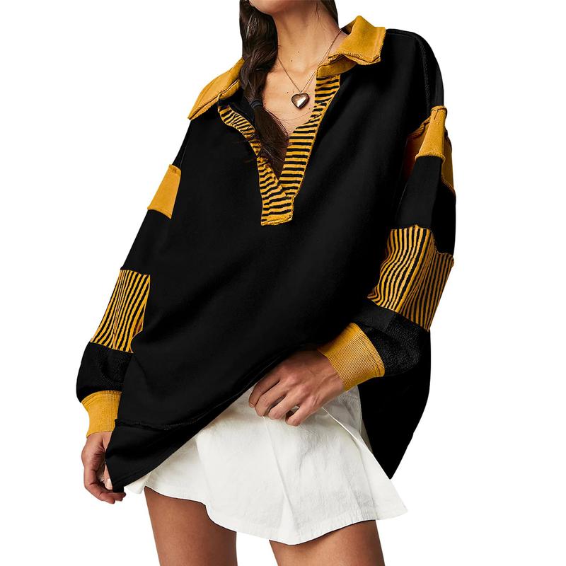 Women Oversized Patchwork Sweatshirt Lapel V Neck Collared Long Sleeve Polo Shirts Color Block Striped Pullover Tops