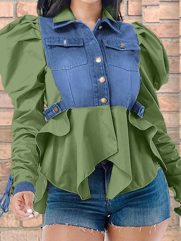 Women's Colorblock Ruched Knot Design Long Sleeve Button Front Blouse, Casual Leg-of-Mutton Sleeve Pocket Top for Spring & Fall, Women's Clothing