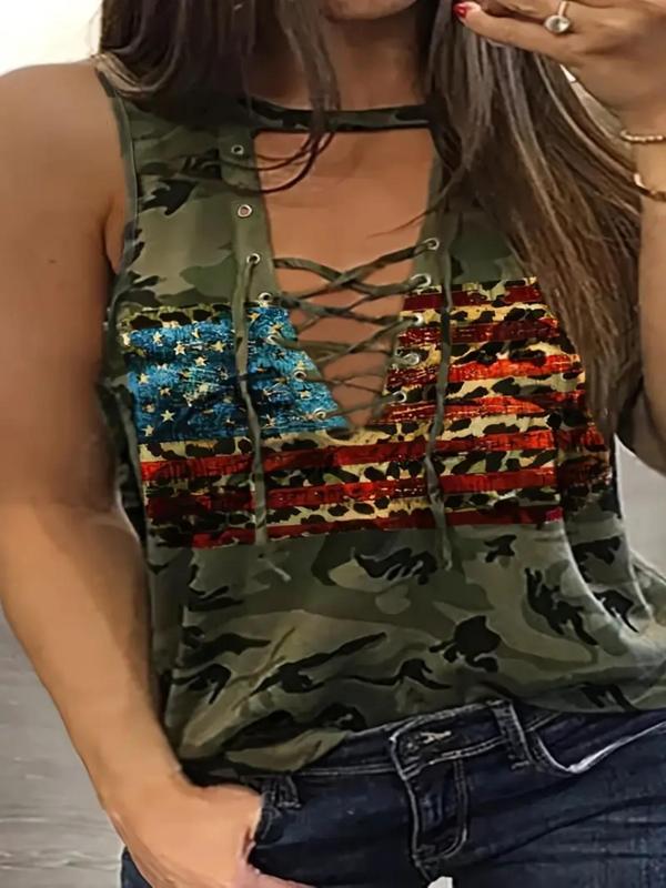 Women's Star & Camo Print Lace Up Tie Front Tank Top, Casual 2000s Y2K Sleeveless Top for Daily Wear, Ladies Clothes for All Seasons