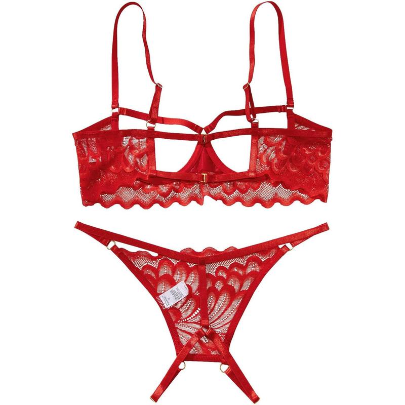 Sexy Underwire Floral Lace Sheer Lingerie Set for Women See Through Bra and Panty 2 Piece Underwear Womenswear