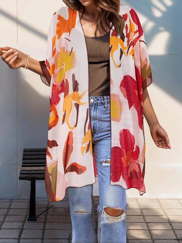 Plus Size Ethnic Pattern Asymmetrical Hem Kimono Cardigan, Boho Fashion Half Sleeve Open Front Outerwear for Summer, Women's Clothes for Daily Wear