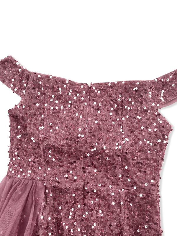  Glitter Sequin Off The Shoulder Evening Dress, Elegant Contrast Mesh Split Thigh Backless Dress, Women's Clothes for Banquet Wedding Guest, Plus Size Women's Clothing