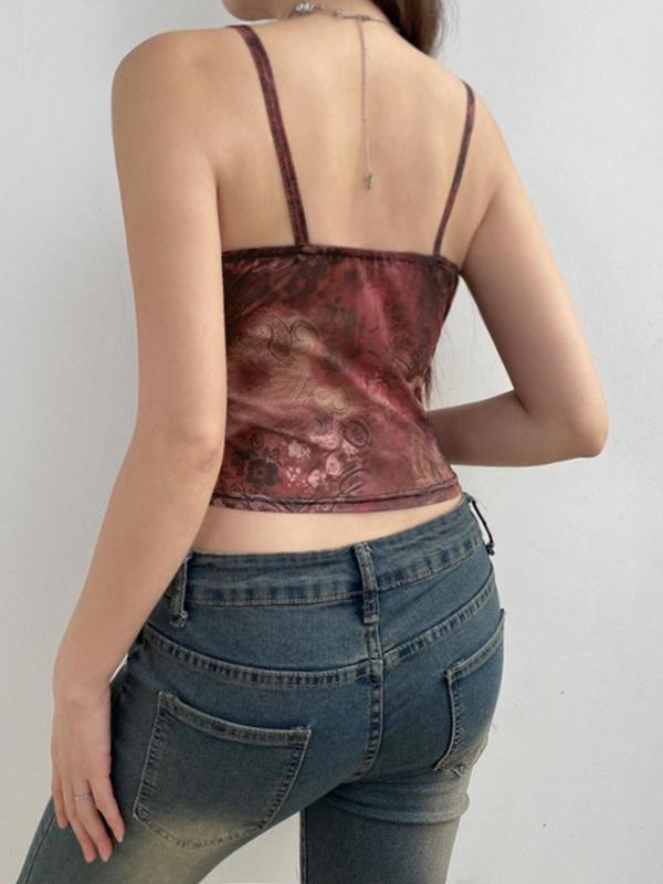 Women's Floral Print Backless Crop Cami Top, Summer Clothes Women, Boho Spaghetti Strap Cropped Top for Daily Outdoor Wear, Women's Clothing for Summer