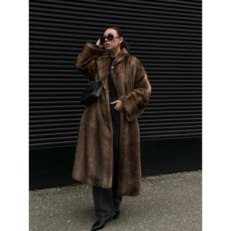 Women Retro Luxury Faux Fur Coat Fashion Lapel Single Breasted Long Sleeve Pockets Jacket Winter Plush Warm High Street Outwear