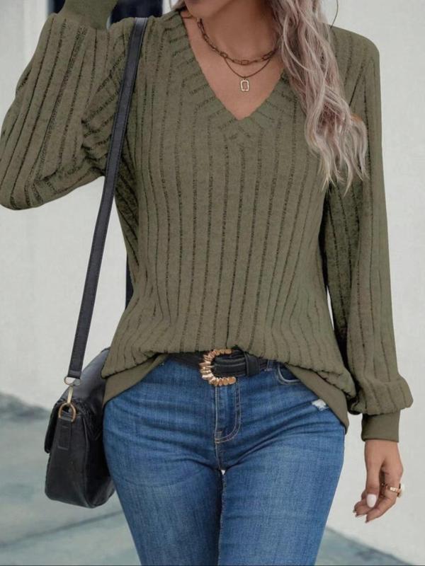 Women's Plain Long Sleeve Knit Top, Casual Solid V Neck Knitwear Top for Spring & Fall, Fashion Women's Knit Clothing for Daily Wear