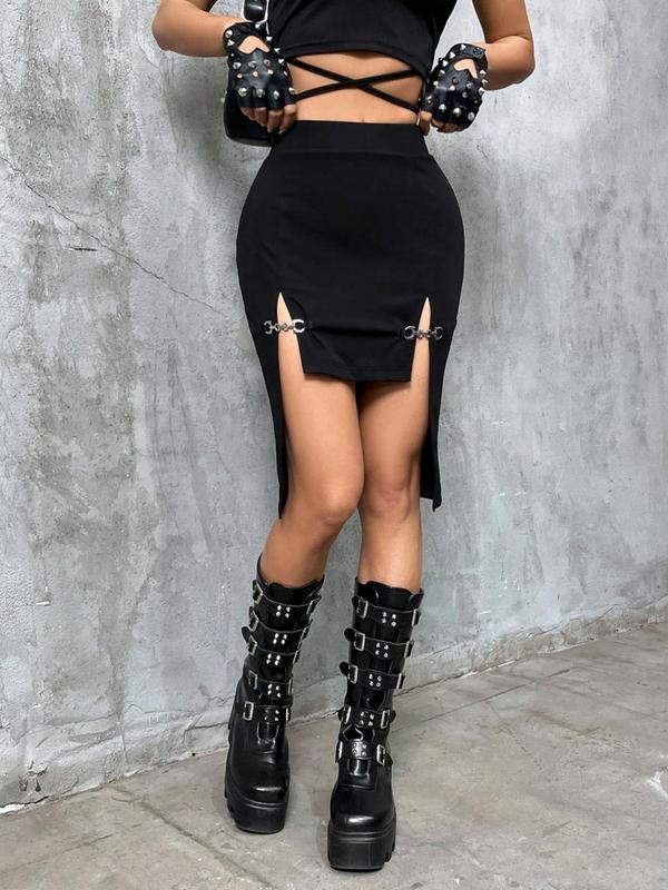 Women's Chain Linked High Low Hem Split Thigh Bodycon Skirt, Punk Fashion High Waist Short Skirt for Daily Outdoor Wear, Ladies Bottoms for All Seasons