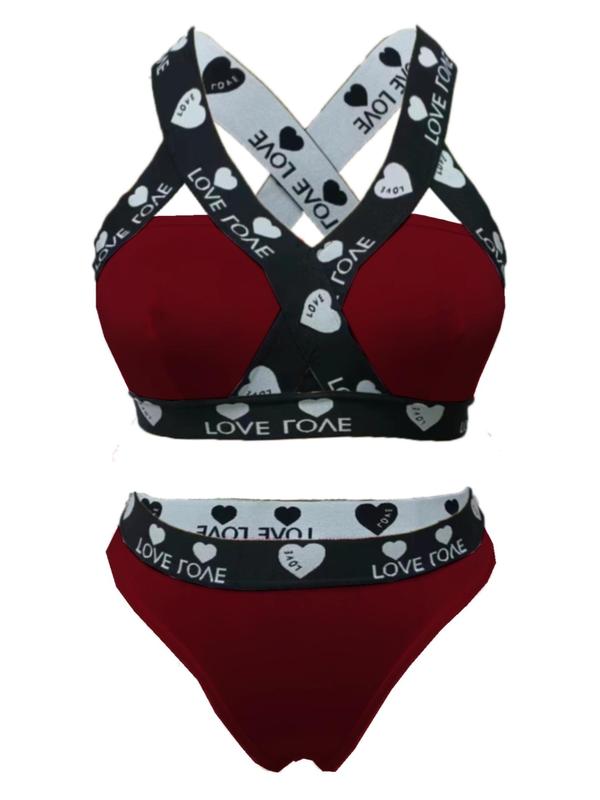  Heart & Letter Tape Criss Cross Bra & Panty Two-piece Set, Casual Comfy Breathable Two-piece Underwear Set for Daily Wear, Women's Underwear Set for All Seasons