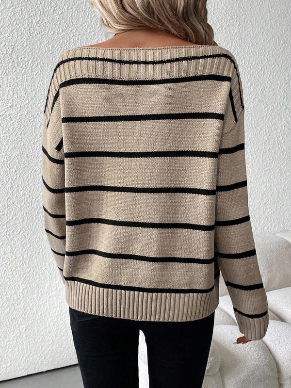 Women's Striped Print Drop Shoulder Sweater, Casual Long Sleeve Boat Neck Jumper for Fall & Winter, Fashion Ladies' Knitwear for Daily Wear