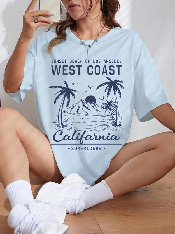 Women's Sunset Beach & Coconut Tree Print Vintage Graphic Tees, T Shirts for Women, Back To School Outfits, Casual Half Sleeve Round Neck T-shirt, Summer Outfits 2024, Graphic Tees, Women's Top for Daily Wear for Birthday Gifts