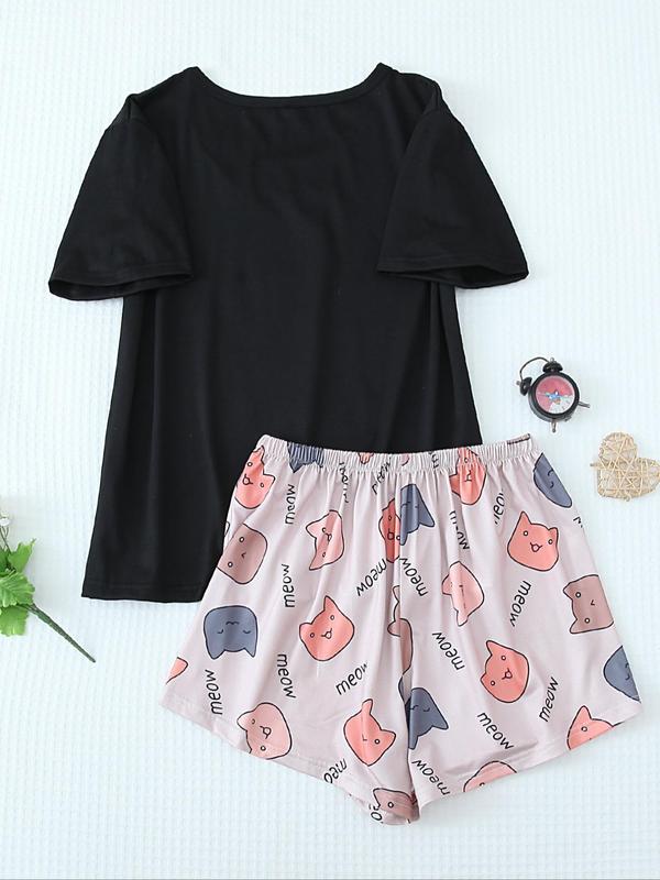 Two-piece Set Women's Cartoon Cat Print Short Sleeve Tee & Bow Decor Shorts Pyjama Set, Cute Casual Comfy Round Neck T-shirt & Elastic Waist Shorts Pj Set, Ladies Sleepwear for All Seasons