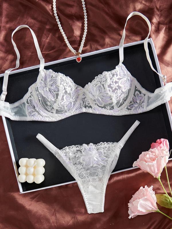 Women's Floral Embroidery Lace Bra & Thong Set, Fashion Comfy Breathable Sexy Sheer Push Up Bra & Panty for Daily Wear, Lingerie Sexy Set for All Seasons