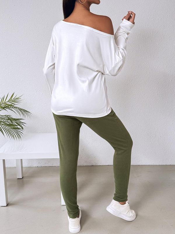 Women's Letter Print One Shoulder Sweatshirt & Drawstring Waist Sweatpants Two-piece Set, Casual Fashion Cozy Drop Shoulder Long Sleeve Pullover & Pocket Pants for Daily Wear, Ladies Fall & Winter Clothes